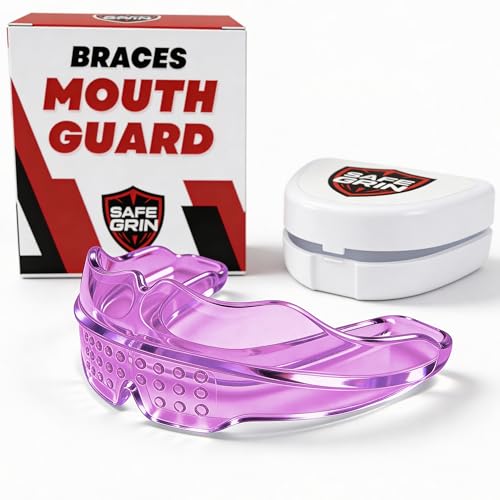 SAFE GRIN Mouth Guard for Braces - No Boil Sports Mouthguard for Kids & Teens, Upper & Lower Teeth Protection for Football, Lacrosse, Hockey & Baseball, Medical-Grade Silicone, Pink - Image 1