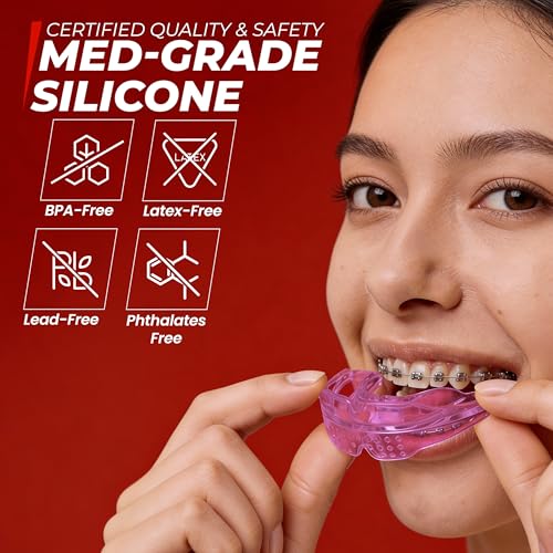 SAFE GRIN Mouth Guard for Braces - No Boil Sports Mouthguard for Kids & Teens, Upper & Lower Teeth Protection for Football, Lacrosse, Hockey & Baseball, Medical-Grade Silicone, Pink - Image 5