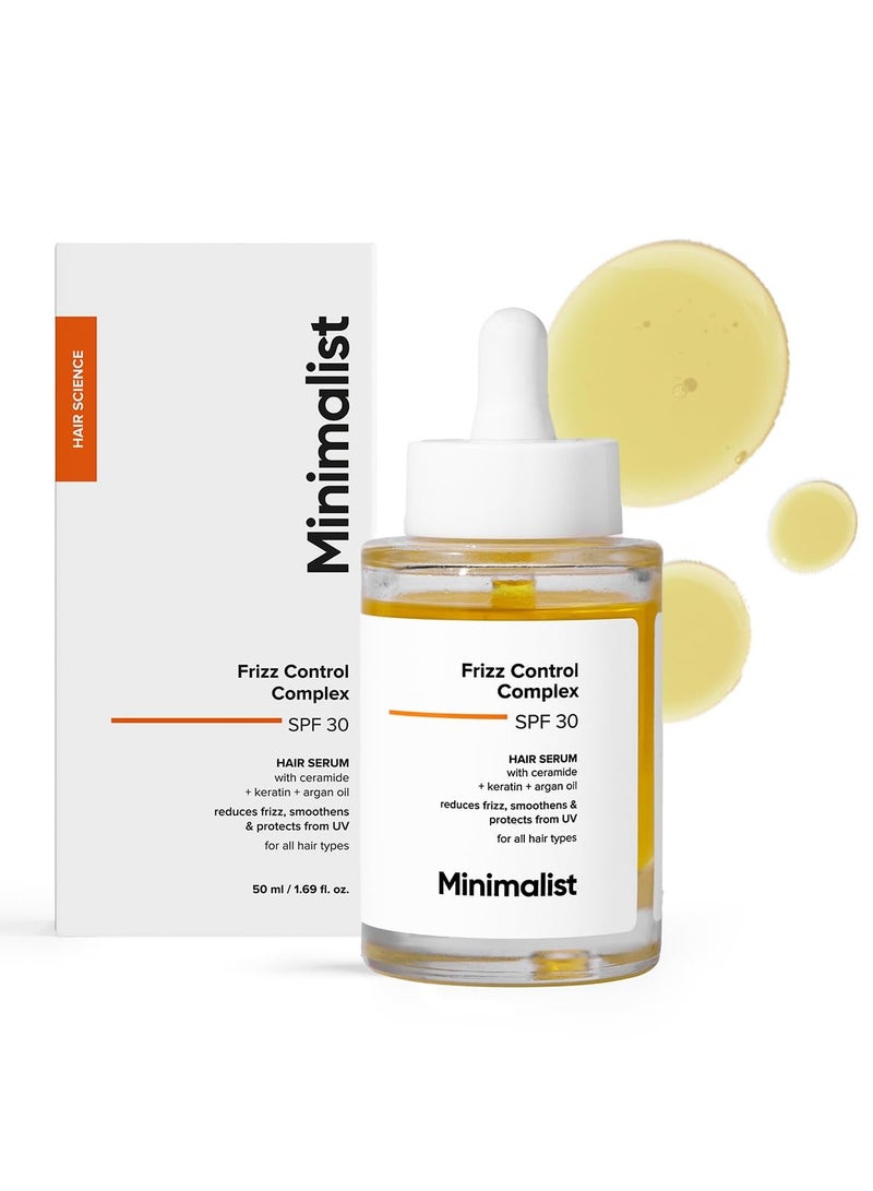 منيماليست سيروم شعر بسيط بعامل حماية من الشمس 30 للشعر المجعد، غني بالكيراتين وزيت الأرغان والسيراميد | حماية من الحرارة، يُنعم الشعر ويحميه من الأشعة فوق البنفسجية | خفيف الوزن يُترك على الشعر للنساء والرجال | 50 مل - Image 1