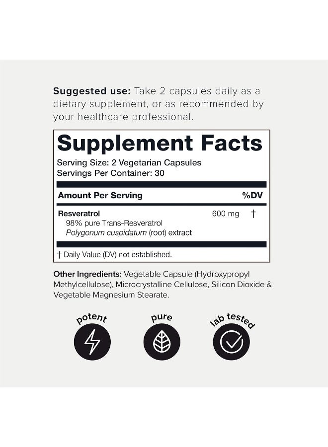 Toniiq Ultra High Purity Resveratrol Capsules - 98% Trans-Resveratrol - 60 Caps Reservatrol Supplement - Image 2