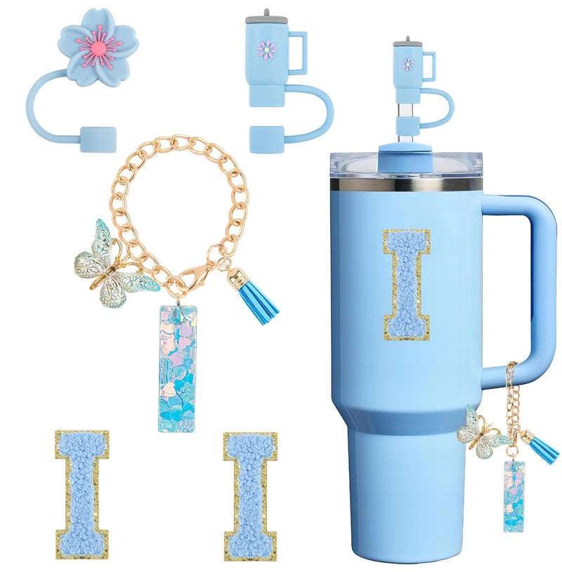 QUNNDY Cup Accessories for Stanley Cup 30oz 40oz, Tumbler Initials Decoration for Stanley, Including Silicone Straw Cover Cap, Handle Charm, Sticker, Blue 5PCS (I) - Image 1