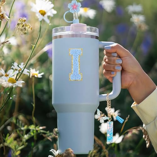 QUNNDY Cup Accessories for Stanley Cup 30oz 40oz, Tumbler Initials Decoration for Stanley, Including Silicone Straw Cover Cap, Handle Charm, Sticker, Blue 5PCS (I) - Image 2