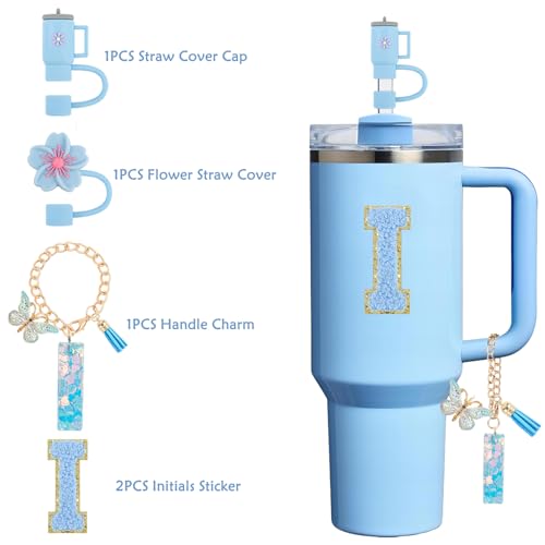 QUNNDY Cup Accessories for Stanley Cup 30oz 40oz, Tumbler Initials Decoration for Stanley, Including Silicone Straw Cover Cap, Handle Charm, Sticker, Blue 5PCS (I) - Image 3
