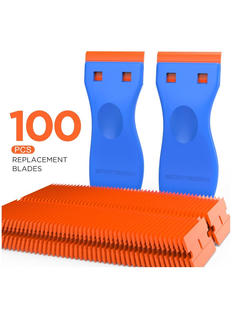 Generic Plastic Razor Blade Scraper Tool – 2-Pack Scraper Kit with 100 Refill Plastic Blades for Sticker, Decal, Label, Paint, and Adhesive Removal – Auto Window Tint, Vinyl Wrap & Glass Cleaner Tool (Blue)  - Image 4