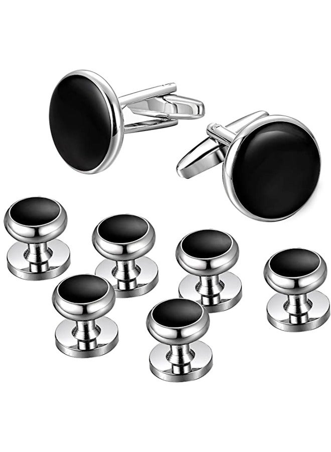 HAWAWA Cufflink for Men with Tuxedo Shirt Studs Set Tuxedo Shirt Cuff Links for Wedding Groom Business Birthday Anniversary Father's Day Gifts 8pcs Silver - Image 1