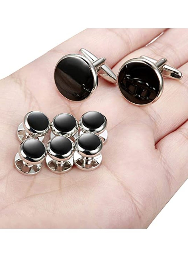 HAWAWA Cufflink for Men with Tuxedo Shirt Studs Set Tuxedo Shirt Cuff Links for Wedding Groom Business Birthday Anniversary Father's Day Gifts 8pcs Silver - Image 2