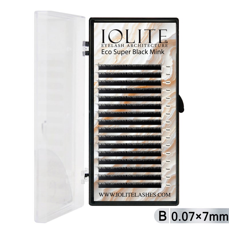 Iolite Super Black Mink Lash Extensions – B Curl 0.07T Mix (6mm–15mm) | Premium Black Mink Eyelash Extension Tray for Lash Artists ISBMB7T - 7MM