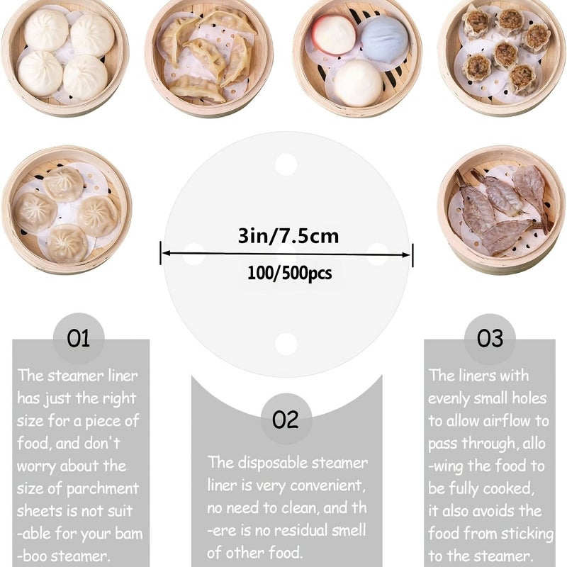 Nonstick Bamboo Steamer Liners 100pcs 7.5cm for Dumplings Bakes Cooking - Image 3