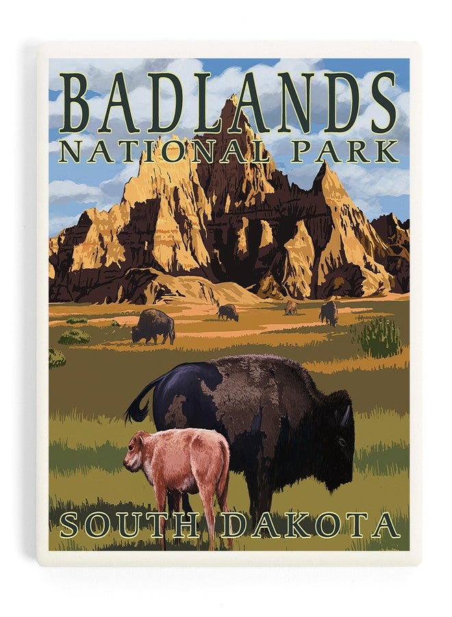 Lantern Press Badlands National Park, South Dakota, Bison Scene, Painterly Series (Absorbent Ceramic Coaster, Single, Cork Back, Kitchen Table Decor) - Image 1