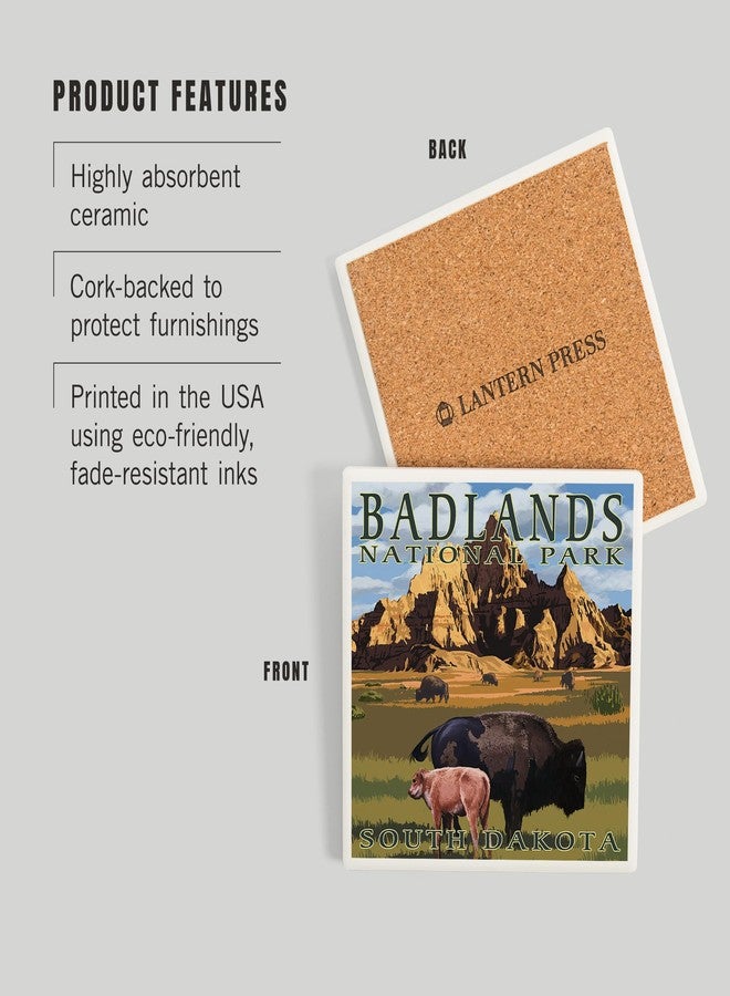 Lantern Press Badlands National Park, South Dakota, Bison Scene, Painterly Series (Absorbent Ceramic Coaster, Single, Cork Back, Kitchen Table Decor) - Image 3