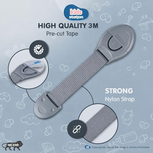 Kids Station Furniture Safety Locks for Baby Safety - Strong and Adhesive Child/Toddler/Infants Safety Locks for Drawers, Cabinets, Fridge and Cupboard - Baby Proofing Product - Pack of 12 (Grey) - Image 5