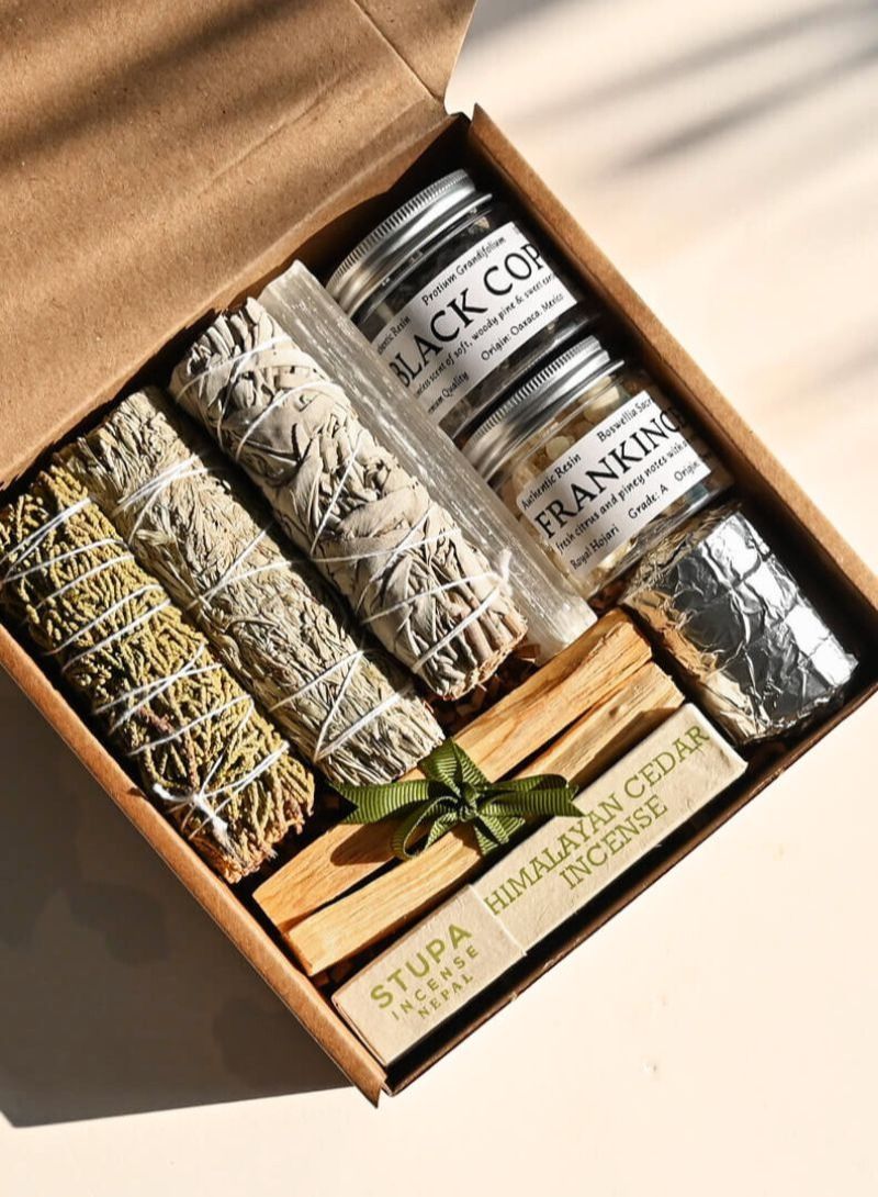 MAISON ETHERIQUE Energy Cleansing Kit: White Sage, Blue Sage, Juniper, Palo Santo,Black Copal, Frankincense, Himalayan Cedar stupa Incense, Selenite Wand - Image 2