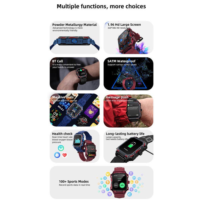 Smart Watch: 1.96-Inch HD Display, IP68 Waterproof - BT5.3 Stable Connectivity, Long Battery Life Fitness Tracker Wristwatch for Men Women, Android 5.0+ & iOS 10.0+ Devices - Image 3