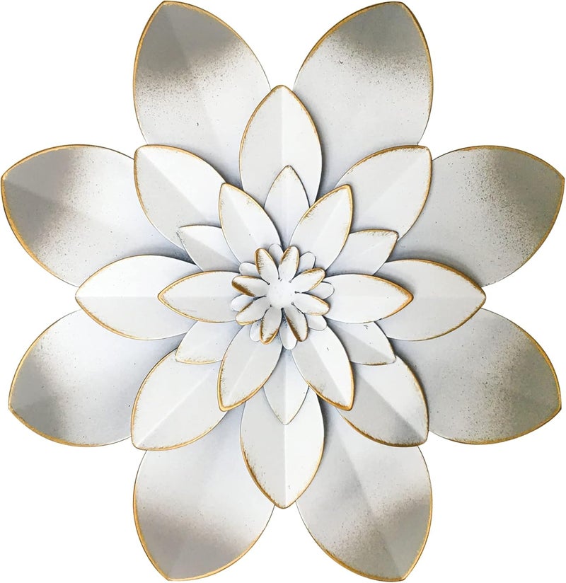 Picfarce White Metal Flower Wall Art Decor, 9.5“ Rustic Modern Floral Sculpture, Distressed Hanging Home Decoration Accent Artworks for Indoor Bedroom Living Room Office Outdoor Garden Patio - Image 1