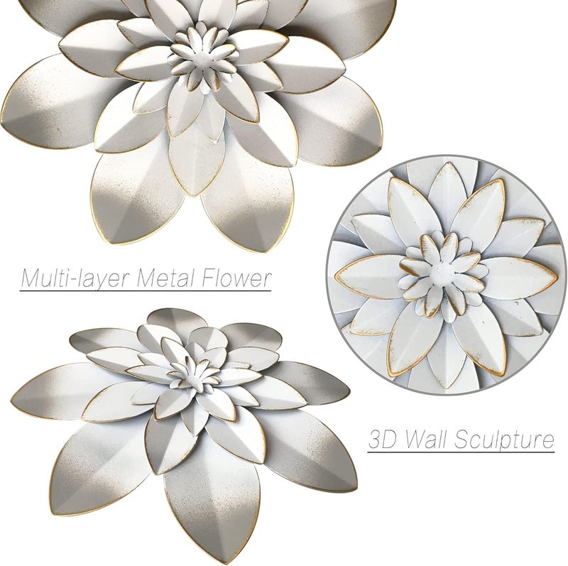 Picfarce White Metal Flower Wall Art Decor, 9.5“ Rustic Modern Floral Sculpture, Distressed Hanging Home Decoration Accent Artworks for Indoor Bedroom Living Room Office Outdoor Garden Patio - Image 2