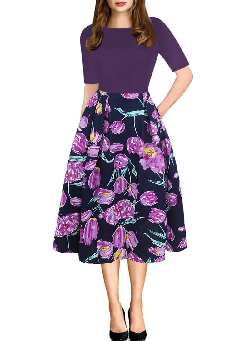 oxiuly Womens Vintage Patchwork Pockets Puffy Swing Casual Party Dress OX165 Purple s