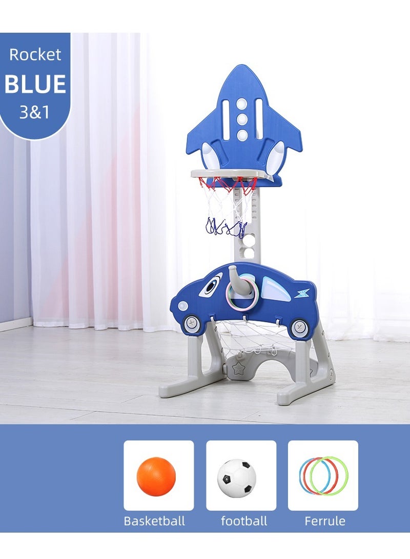 فول جوي مجموعة كرة السلة 3 في 1 على شكل صاروخ تجمع بين لعبة كرة السلة و كرة القدم ولعبة الرمي الدائري ,أزرق - Image 1