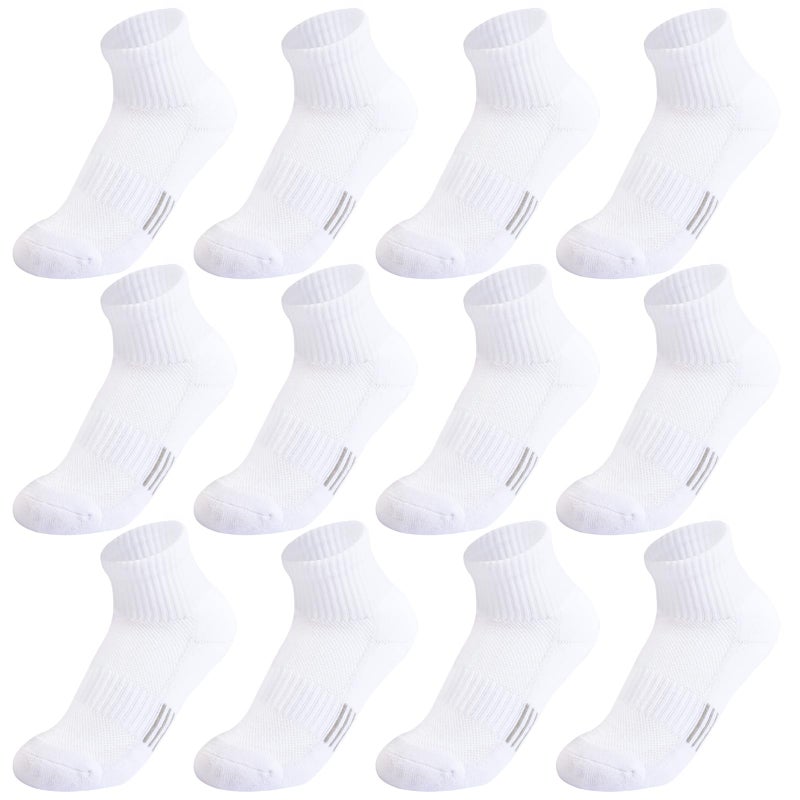 hakugoo Kids White Ankle Athletic Socks - 12 Pairs Cushioned Quarter Socks for Boys Girls, Breathable Mesh Cotton, 7-10 Years Youth (White, M) - Image 1