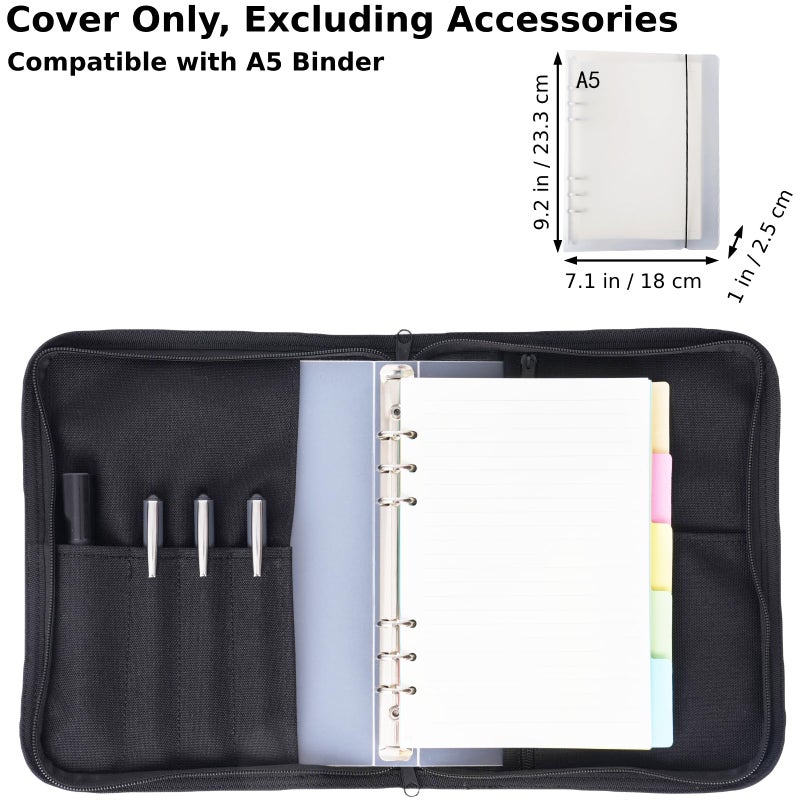 VEPKOIT A5 Binder Cover, Large A5 Notebook Holder and Travelers Notebook Cover with Pouch, Leather Book Cover for Police and Army, 7" x 9" OCP Book Cover with Zippered - Black (Cover Only) - Image 2