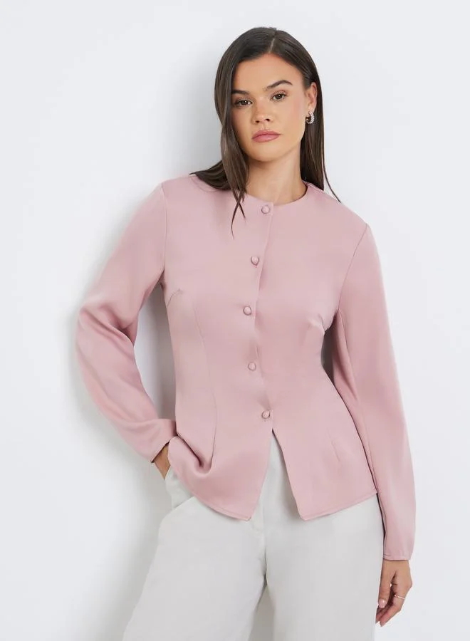 Styli Solid Round Neck Buttoned Blouse