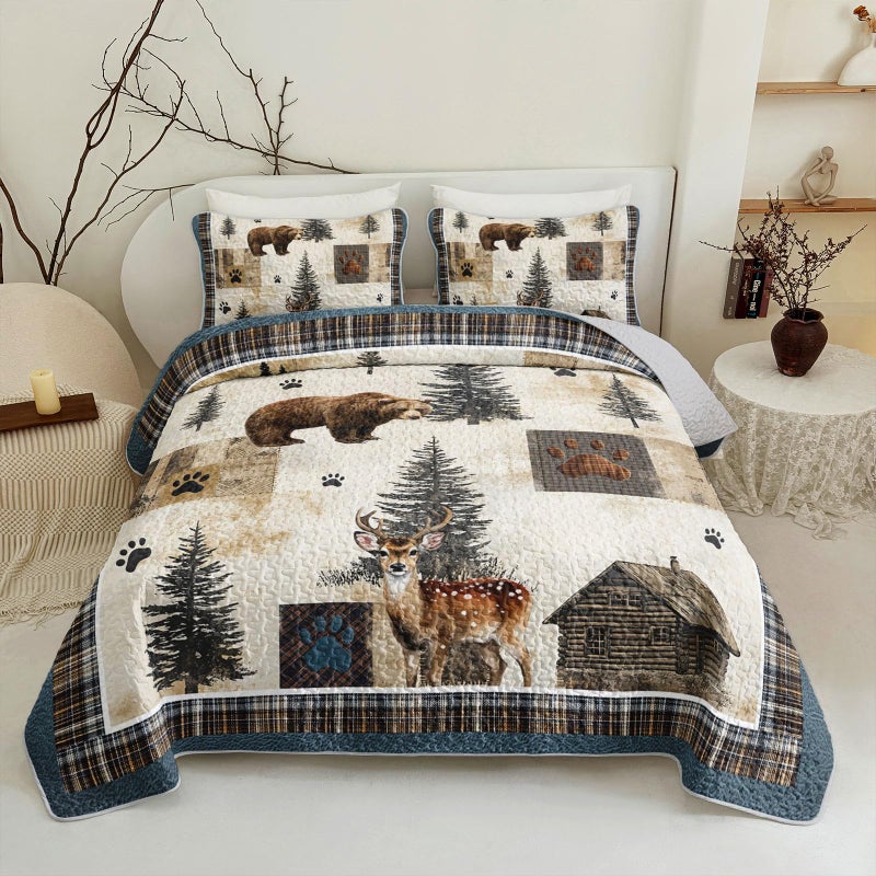 Tuzaovy Bear Deer Quilt Set King Size,Rustic Animal Bear Paw Printed Bed Cover Set for Boys Girls Room Decor,Rustic Farmhouse Quilt Bedding,Country Woodland Pine Tree Bedspread Bedroom Decor - Image 1