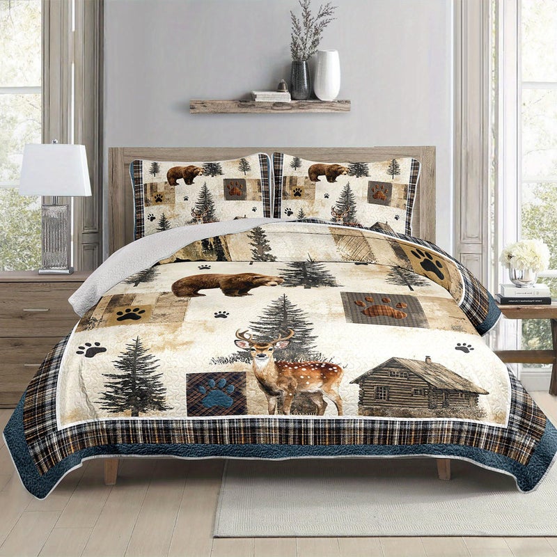 Tuzaovy Bear Deer Quilt Set King Size,Rustic Animal Bear Paw Printed Bed Cover Set for Boys Girls Room Decor,Rustic Farmhouse Quilt Bedding,Country Woodland Pine Tree Bedspread Bedroom Decor - Image 5