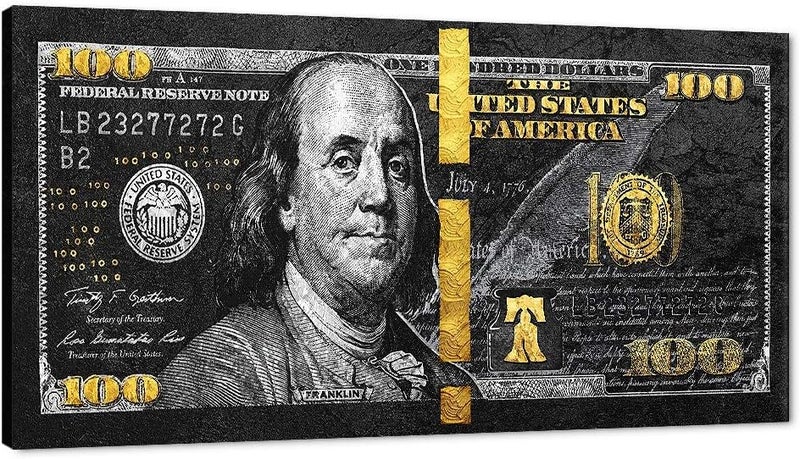 اي ار اس لوحة فنية تجريدية مطبوعة على قماش من ARS، تصور ورقة نقدية ذهبية من فئة 100 دولار، مناسبة للمكتب وغرفة المعيشة وغرفة النوم، كهدية - متوفرة بأحجام مختلفة - Image 1