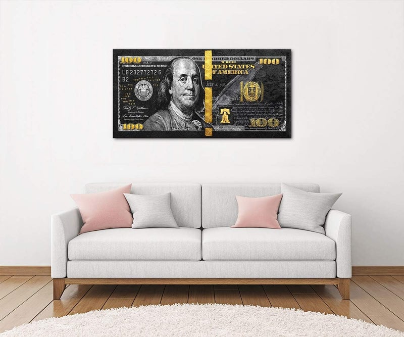 اي ار اس لوحة فنية تجريدية مطبوعة على قماش من ARS، تصور ورقة نقدية ذهبية من فئة 100 دولار، مناسبة للمكتب وغرفة المعيشة وغرفة النوم، كهدية - متوفرة بأحجام مختلفة - Image 2