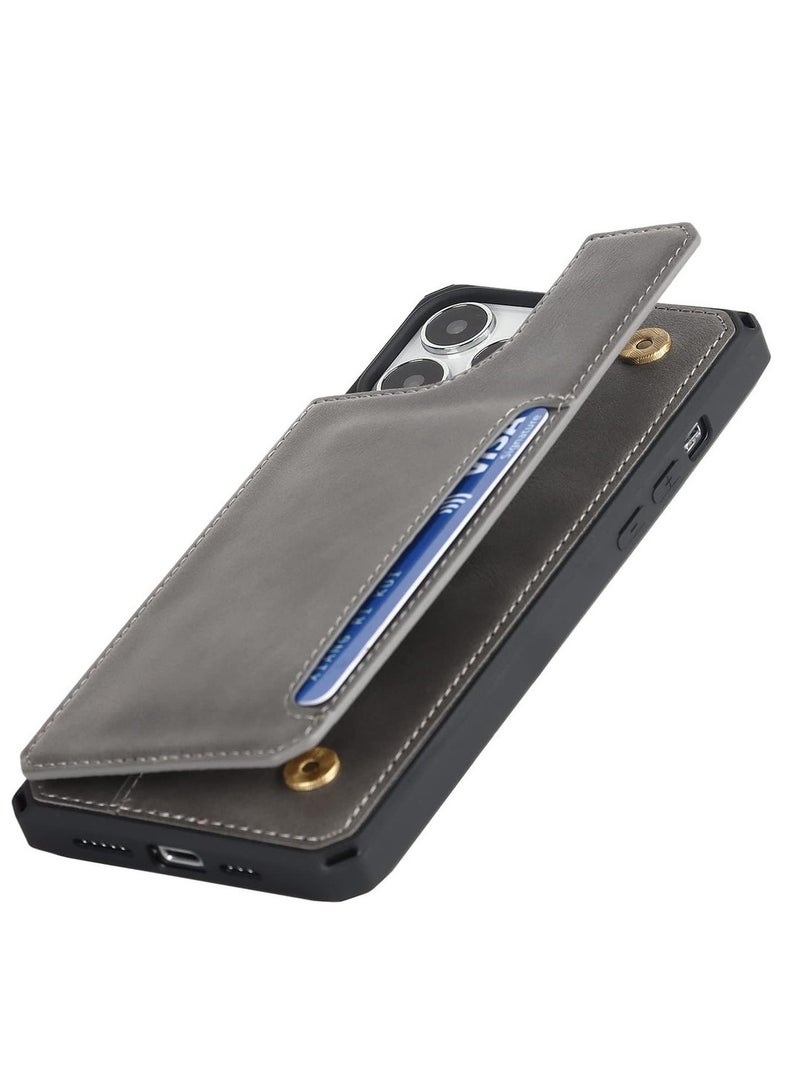 For IPhone 12 Pro Max Wallet Case With Card Holder PU Leather Kickstand Magnetic Clasp Flip Shockproof Cover Case With Strap For IPhone 12 Pro Max - Gray - Image 4