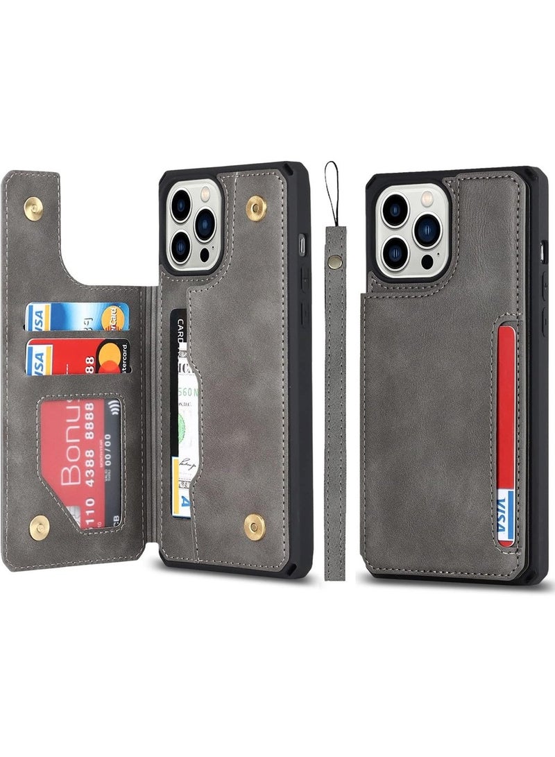 For IPhone 12 Pro Max Wallet Case With Card Holder PU Leather Kickstand Magnetic Clasp Flip Shockproof Cover Case With Strap For IPhone 12 Pro Max - Gray - Image 1
