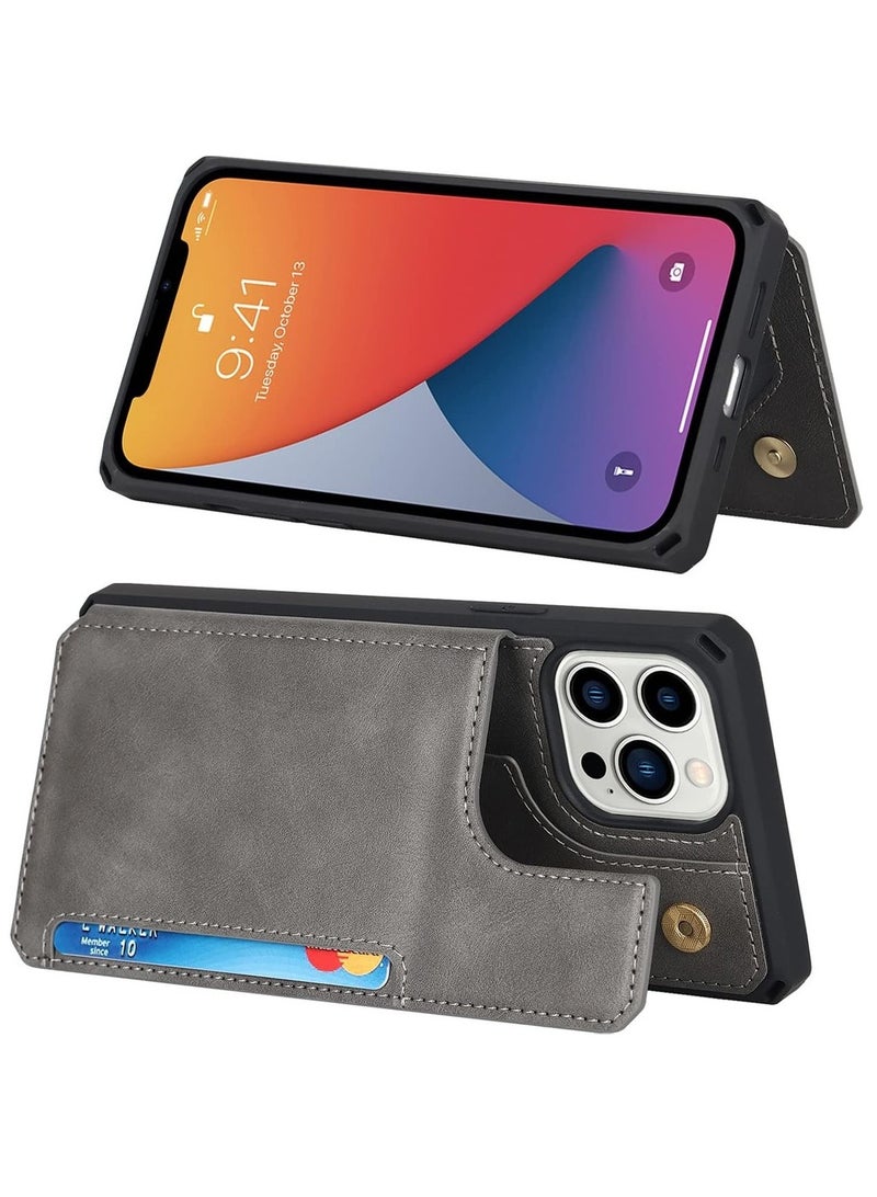 For IPhone 12 Pro Max Wallet Case With Card Holder PU Leather Kickstand Magnetic Clasp Flip Shockproof Cover Case With Strap For IPhone 12 Pro Max - Gray - Image 3