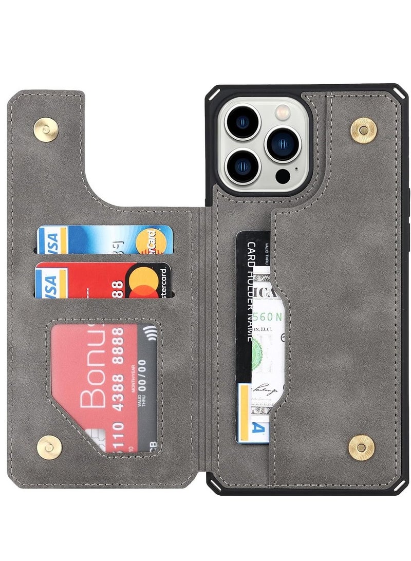 For IPhone 12 Pro Max Wallet Case With Card Holder PU Leather Kickstand Magnetic Clasp Flip Shockproof Cover Case With Strap For IPhone 12 Pro Max - Gray - Image 2