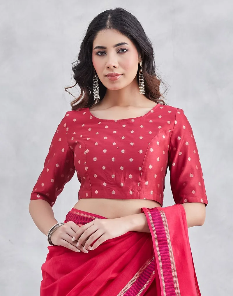 Wine Cotton Viscose Metallized Fibre Blend Woven Buti Stitched Blouse