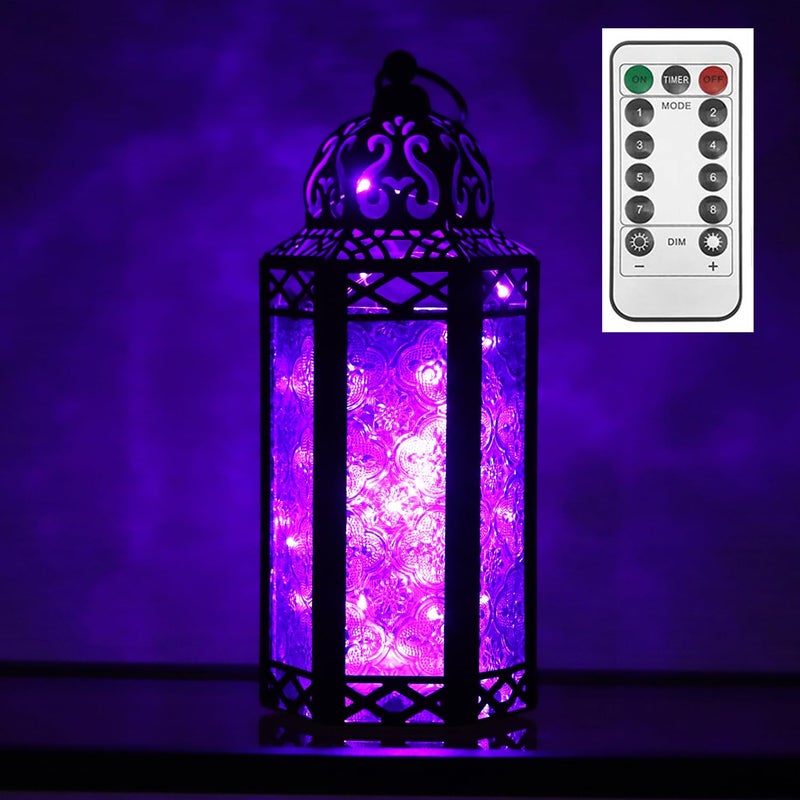 VELA Lanterns Metal Halloween Decorative LED Fairy Lights Candle Lantern Holders for Indoor Home Fantasy Gothic Decor Table Centerpieces Outdoor Patio or Porch Weddings Purple Medium
