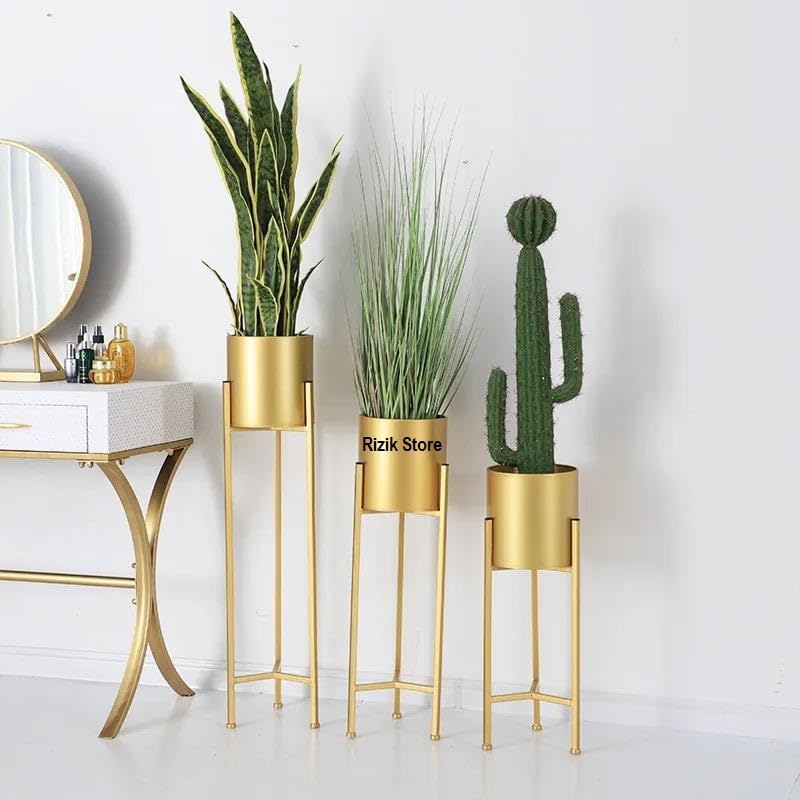 RIZIK STORE حامل زهور معدني للأرضية من لغرفة المعيشة/حامل نباتات داخلي مع أصيص (ذهبي) - Image 1