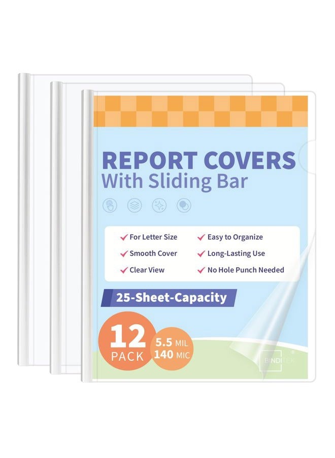 Binditek 12 Pack Clear Report Covers with Sliding Bars, 5mm Sliding Bar File Folder, 25 Sheet Capacity, Letter Size, 5.5 Mil Thick, White, for Students and Coworkers - Image 1
