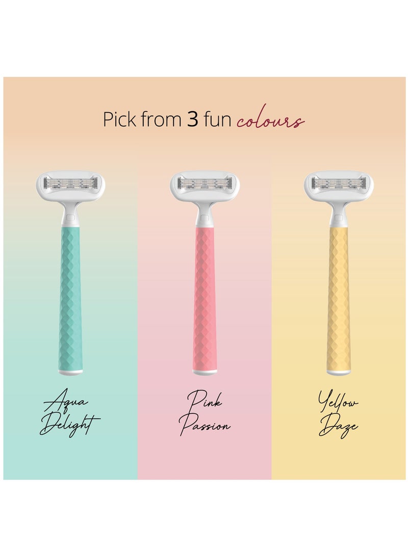 Carmesi Women Body Hair Removal Razor - Painless & Hassle Free Shave - 2 Way Pivot - Aloe Vera Vit E - Smooth 5-Blade Precision - Safe Hygienic  - Diamond Texture Handle - 1 Pc (Yellow Daze) - Image 3