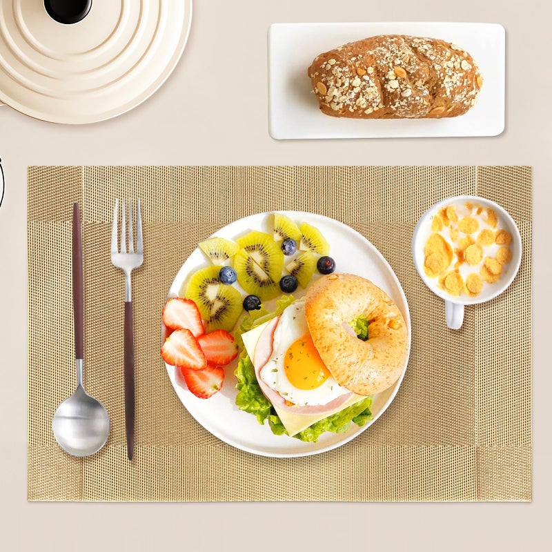 FGSAEOR Heat-Resistant Placemats for Dining Table, Washable PVC Woven Vinyl Table Mats, Non-Slip Gold Placemats for Kitchen Decor, Table Protector Set of 6 - Image 2