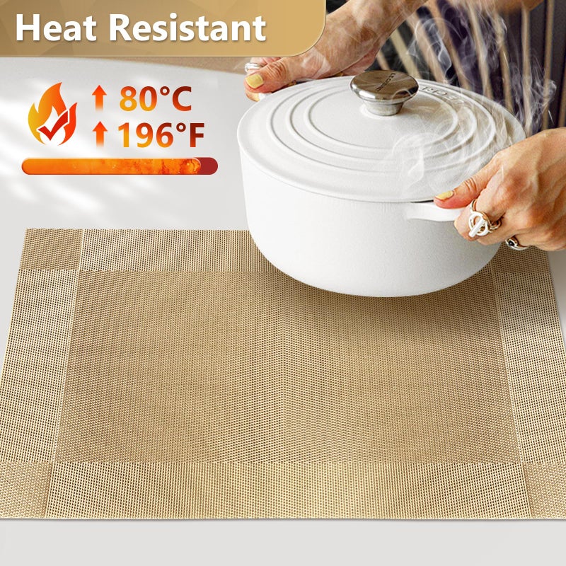 FGSAEOR Heat-Resistant Placemats for Dining Table, Washable PVC Woven Vinyl Table Mats, Non-Slip Gold Placemats for Kitchen Decor, Table Protector Set of 6 - Image 4