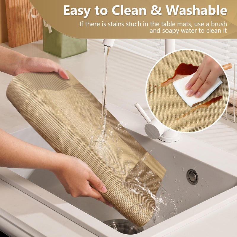 FGSAEOR Heat-Resistant Placemats for Dining Table, Washable PVC Woven Vinyl Table Mats, Non-Slip Gold Placemats for Kitchen Decor, Table Protector Set of 6 - Image 5