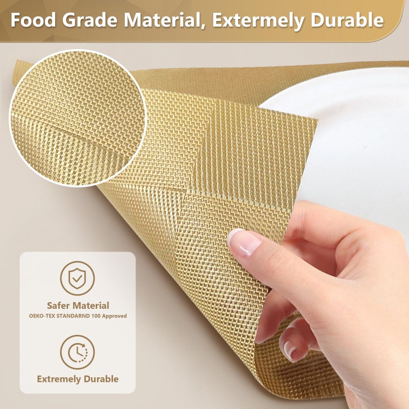 FGSAEOR Heat-Resistant Placemats for Dining Table, Washable PVC Woven Vinyl Table Mats, Non-Slip Gold Placemats for Kitchen Decor, Table Protector Set of 6 - Image 3