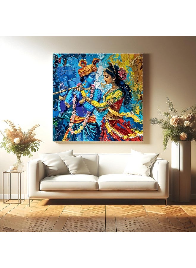 Indianara Radha Krishna Framed Canvas Painting | Wall Décor | Pooja Room | Bedroom | Living Room | Office | Hotel Interiors (Multi Color - 16 inch x 16 inch) - Image 2