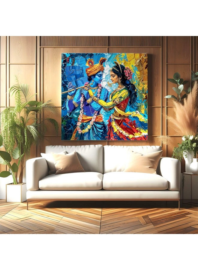 Indianara Radha Krishna Framed Canvas Painting | Wall Décor | Pooja Room | Bedroom | Living Room | Office | Hotel Interiors (Multi Color - 16 inch x 16 inch) - Image 1