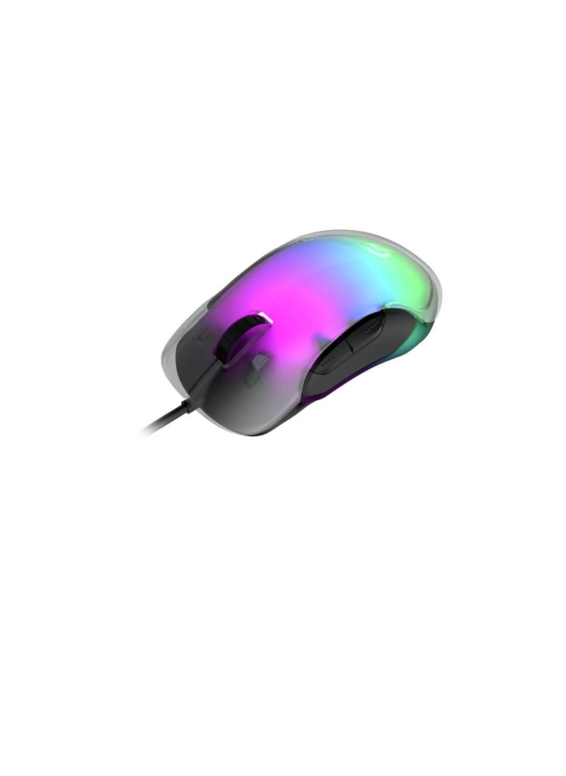 porodo - 8D Crystal Gaming Mouse 1.5m USB Wire Braided Cable, Macro Software Function 100 IPS Tracking Speed, Up to 12800 DPI, 7 Breathing RGB, Ergonomic Design Gaming Mouse - Clear - Image 1