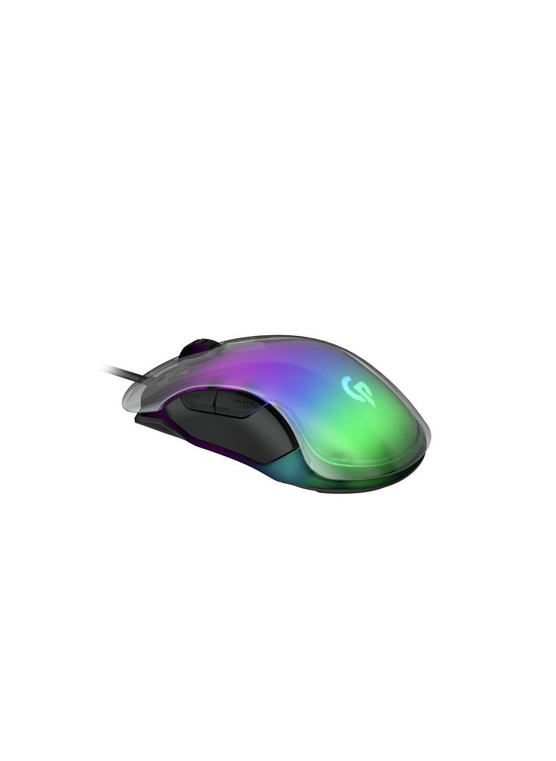 porodo - 8D Crystal Gaming Mouse 1.5m USB Wire Braided Cable, Macro Software Function 100 IPS Tracking Speed, Up to 12800 DPI, 7 Breathing RGB, Ergonomic Design Gaming Mouse - Clear - Image 1