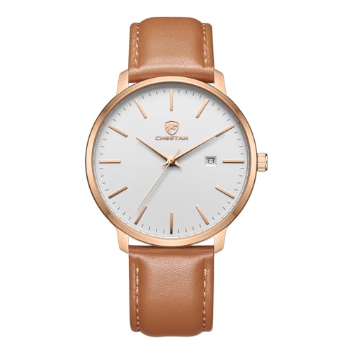 CHEETAH Minimalist Waterproof Auto Date Quartz Watches for Men with Leather Strap, Rose Gold-Tone Case - Image 1