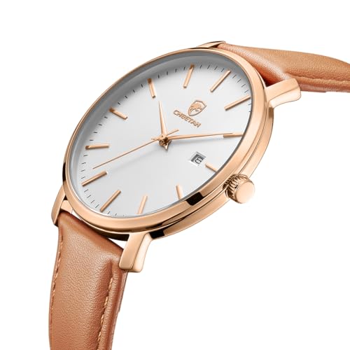 CHEETAH Minimalist Waterproof Auto Date Quartz Watches for Men with Leather Strap, Rose Gold-Tone Case - Image 2