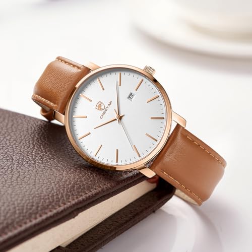 CHEETAH Minimalist Waterproof Auto Date Quartz Watches for Men with Leather Strap, Rose Gold-Tone Case - Image 4