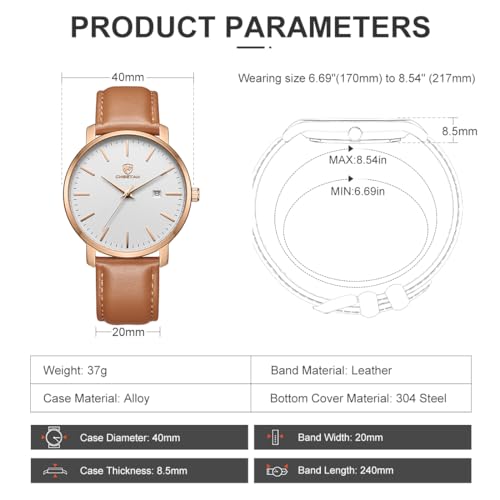 CHEETAH Minimalist Waterproof Auto Date Quartz Watches for Men with Leather Strap, Rose Gold-Tone Case - Image 3