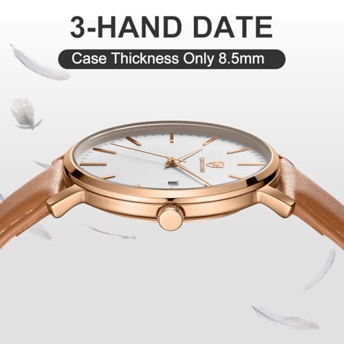CHEETAH Minimalist Waterproof Auto Date Quartz Watches for Men with Leather Strap, Rose Gold-Tone Case - Image 5